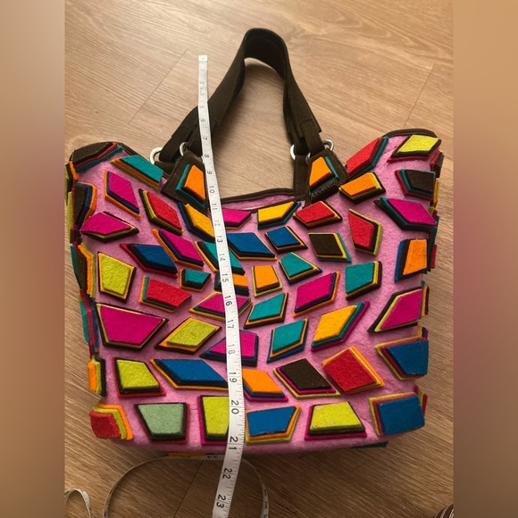 Sheep’s Wool Felt Pink and Orange Patchwork/ geometricTote Bag,Handmade bag - Picture 5 of 8